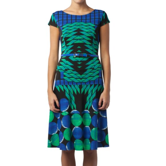 Joseph Ribkoff Abstract Fit & Flare Cap Sleeve Blue Green Black Size 4 - Picture 6 of 7